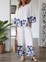 Plant Print Elegant Style Suit Loose Casual Long-Sleeved Top And Pants