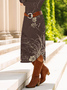 Women's Long Sleeve Spring/Fall Brown Floral Crew Neck Daily Going Out Casual Midi A-Line T-Shirt Dress Dress