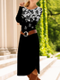 Women's Long Sleeve Spring/Fall Black Floral Crew Neck Daily Going Out Casual Midi A-Line T-Shirt Dress Dress