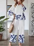 Plant Print Elegant Style Suit Loose Casual Long-Sleeved Top And Pants