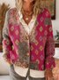 Women's Boho Folk Floral Print Buttoned V-neck Cardigan Sweater