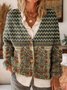 Retro Ethnic Pattern Art Print Button-Front V-Neck Cardigan Sweater