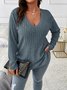 Plain Sexy Loose V Neck Long-sleeved Ribbed Loose T-shirt