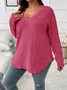 Plain Sexy Loose V Neck Long-sleeved Ribbed Loose T-shirt