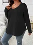 Plain Sexy Loose V Neck Long-sleeved Ribbed Loose T-shirt