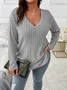 Plain Sexy Loose V Neck Long-sleeved Ribbed Loose T-shirt