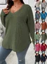 Plain Sexy Loose V Neck Long-sleeved Ribbed Loose T-shirt