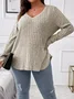 Plain Sexy Loose V Neck Long-sleeved Ribbed Loose T-shirt