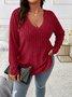 Plain Sexy Loose V Neck Long-sleeved Ribbed Loose T-shirt