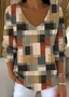 V Neck Cotton Casual Color Block Sweater