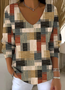 V Neck Cotton Casual Color Block Sweater