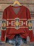 V Neck Ethnic Geometry Casual Loose Sweater