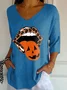 V-Neck Retro Halloween Lips Leopard Pumpkin Fall Printed T-Shirt