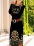 Women's Long Sleeve Spring/Fall Black Floral Crew Neck Daily Going Out Casual Midi A-Line T-Shirt Dress Dress