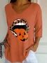 V-Neck Retro Halloween Lips Leopard Pumpkin Fall Printed T-Shirt