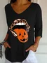 V-Neck Retro Halloween Lips Leopard Pumpkin Fall Printed T-Shirt