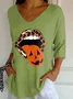 V-Neck Retro Halloween Lips Leopard Pumpkin Fall Printed T-Shirt