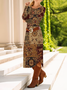 Women's Long Sleeve Spring/Fall Brown Floral Crew Neck Daily Going Out Casual Midi A-Line T-Shirt Dress Dress