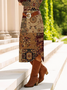Women's Long Sleeve Spring/Fall Brown Floral Crew Neck Daily Going Out Casual Midi A-Line T-Shirt Dress Dress