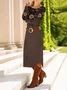 Women's Long Sleeve Spring/Fall Brown Floral Crew Neck Daily Going Out Casual Midi A-Line T-Shirt Dress Dress