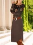 Women's Long Sleeve Spring/Fall Brown Floral Crew Neck Daily Going Out Casual Midi A-Line T-Shirt Dress Dress
