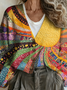Vintage V Neck Loose Multicolor Block Cardigan