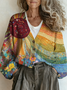 Vintage V Neck Loose Multicolor Block Cardigan