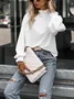 Women's Long Sleeve T-shirt Spring/Fall White Geometric Buckle Stand Collar Balloon Sleeve Daily Going Out Vintage Top