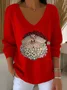 Women's Long Sleeve T-shirt Spring/Fall Black Christmas Printing V Neck Daily Going Out Casual Top
