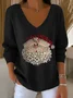 Women's Long Sleeve T-shirt Spring/Fall Black Christmas Printing V Neck Daily Going Out Casual Top