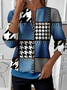 Women's Houndstooth Faux Denim Print Casual Zipper Long Sleeve Sweatshirt