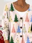Women's Christmas Tree Printed Casual Long Sleeve V-Neck Knitted Button Cardigan