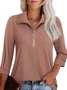 Casual Plain Zipper Polo Collar Blouse