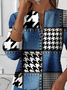 Women's Houndstooth Faux Denim Print Casual Zipper Long Sleeve Sweatshirt