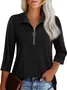 Casual Plain Zipper Polo Collar Blouse