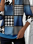 Women's Houndstooth Faux Denim Print Casual Zipper Long Sleeve Sweatshirt