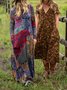 Crew Neck Loose Boho Multicolor Block Dress With No