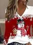 Women's Long Sleeve T-shirt Spring/Fall White-Red Christmas Printing Jersey V Neck Daily Going Out Casual Top
