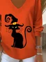 Women's Long Sleeve T-shirt Spring/Fall Orange Halloween Printing V Neck Daily Going Out Casual Top