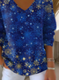 Women's Long Sleeve T-shirt Spring/Fall Blue Christmas Printing V Neck Daily Going Out Casual Top
