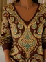 Women's Long Sleeve T-shirt Spring/Fall Brown Ethnic Printing V Neck Daily Going Out Casual Top