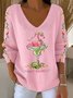 Women's Wine Glass Christmas Hat Print V-Neck Sweater