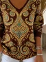 Women's Long Sleeve T-shirt Spring/Fall Brown Ethnic Printing V Neck Daily Going Out Casual Top