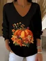 Women's Long Sleeve T-shirt Spring/Fall Black Halloween (pumpkin) Printing V Neck Daily Going Out Casual Top