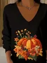 Women's Long Sleeve T-shirt Spring/Fall Black Halloween (pumpkin) Printing V Neck Daily Going Out Casual Top