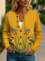 Women's Bird Print Crew Neck Button Cardigan