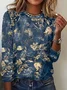 Women's Long Sleeve T-shirt Spring/Fall Blue Floral Printing Jersey Crew Neck Daily Going Out Casual Top