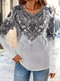 Women's Long Sleeve T-shirt Spring/Fall Gray Ethnic Printing Jersey V Neck Daily Going Out Casual Top