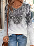 Women's Long Sleeve T-shirt Spring/Fall Gray Ethnic Printing Jersey V Neck Daily Going Out Casual Top
