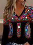 Women's Long Sleeve T-shirt Spring/Fall Black Ethnic Printing Jersey V Neck Daily Going Out Casual Top